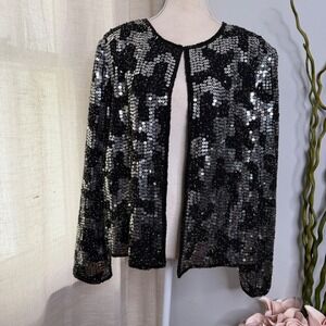 Adrianna Papell Silk Jacket Beads Sequins Black Silver‎ Sparkle Women's 20W